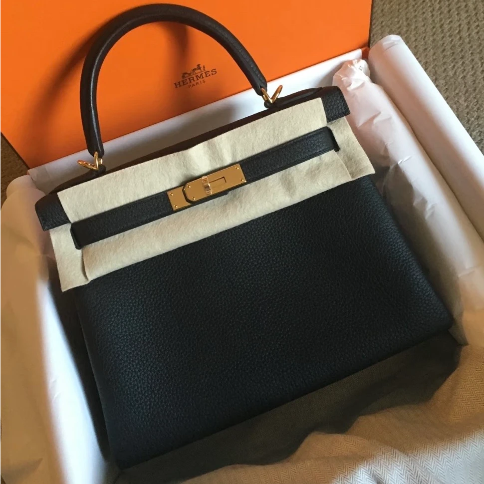 99新 Hermes/爱马仕 小花6欢全98900 Kelly28黑色Togo皮X刻金扣包