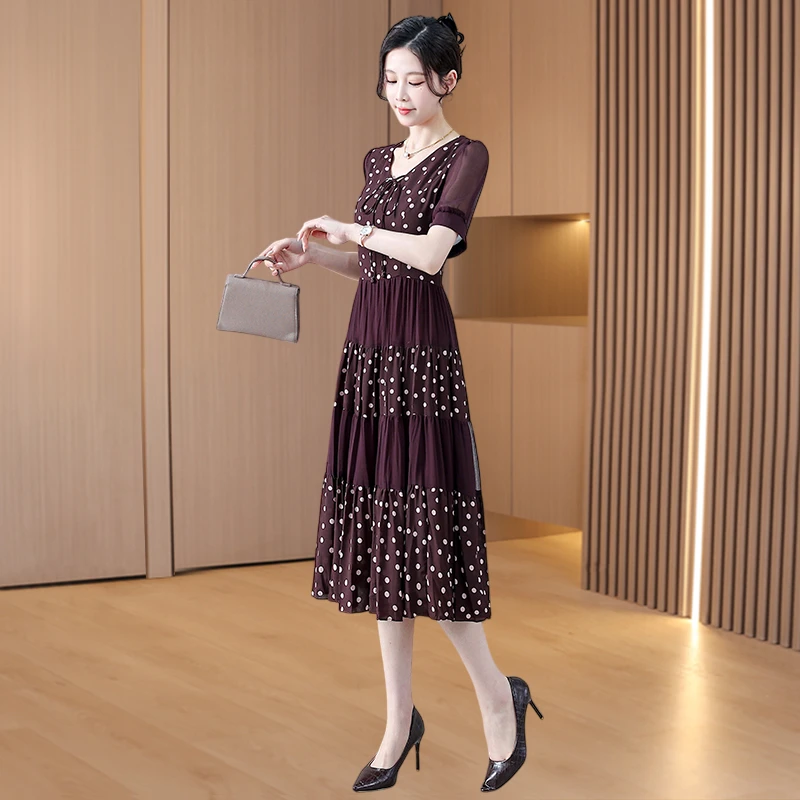 雪纺连衣裙女夏季2025新款小个子高端气质妈妈十三行短袖洋气裙子