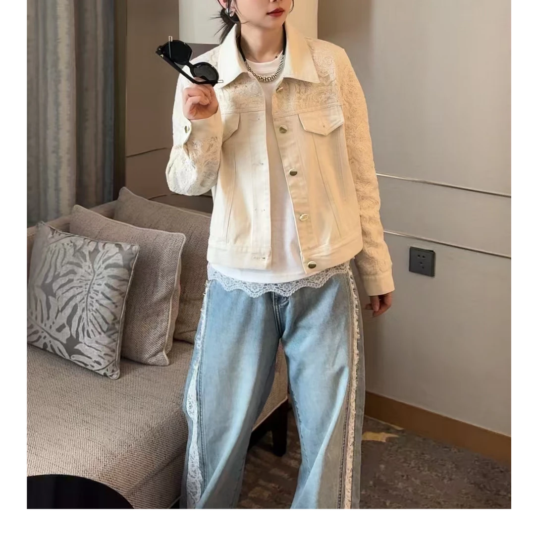 大胡子25年时尚流行工艺蕾丝拼接白色牛仔衣9129