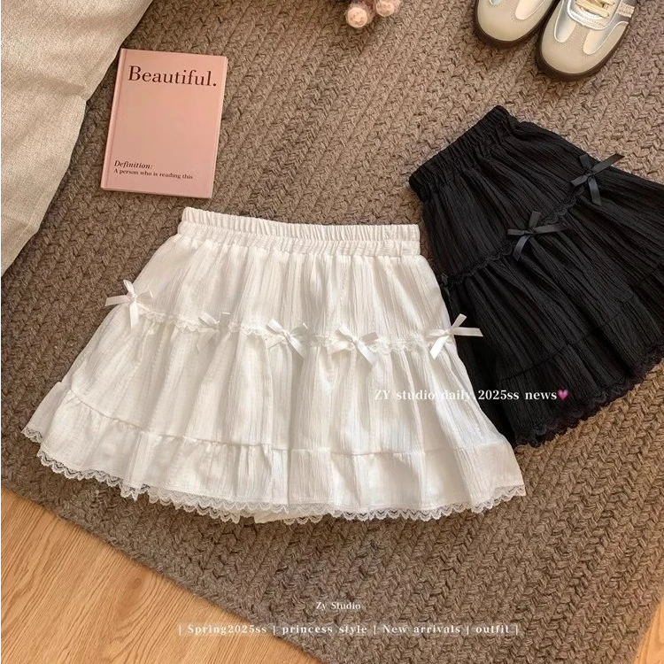 芭蕾风蝴蝶结半身裙女2025新款夏季蕾丝边A字裙减龄高腰显瘦短裙