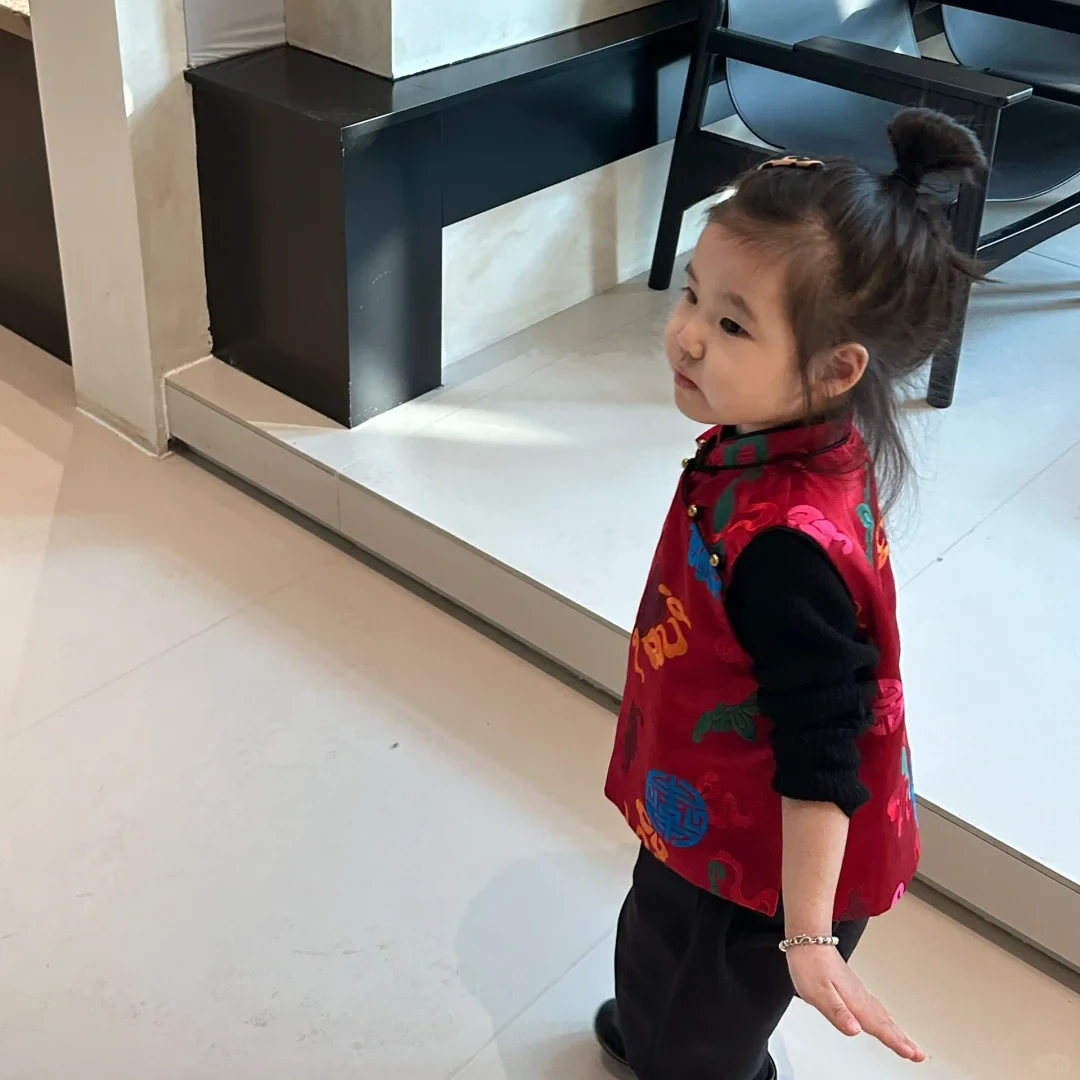 壹妈童装女童新中式旗袍拜年服春秋儿童过年战袍红色马甲