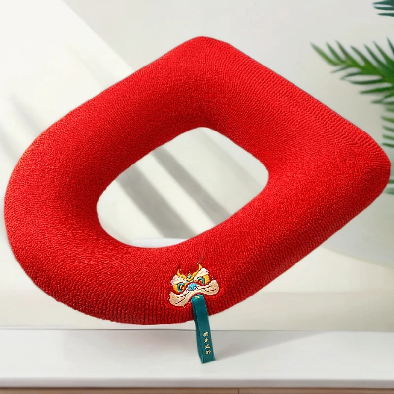 2025年新年红色加厚马桶垫毛绒保暖四季通用带提手可水洗坐便套