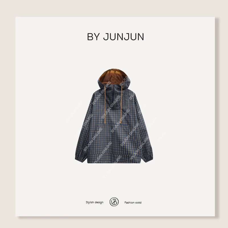 BYJUNJUN【诺丁山】格纹连帽上衣秋季宽松格子韩版外套