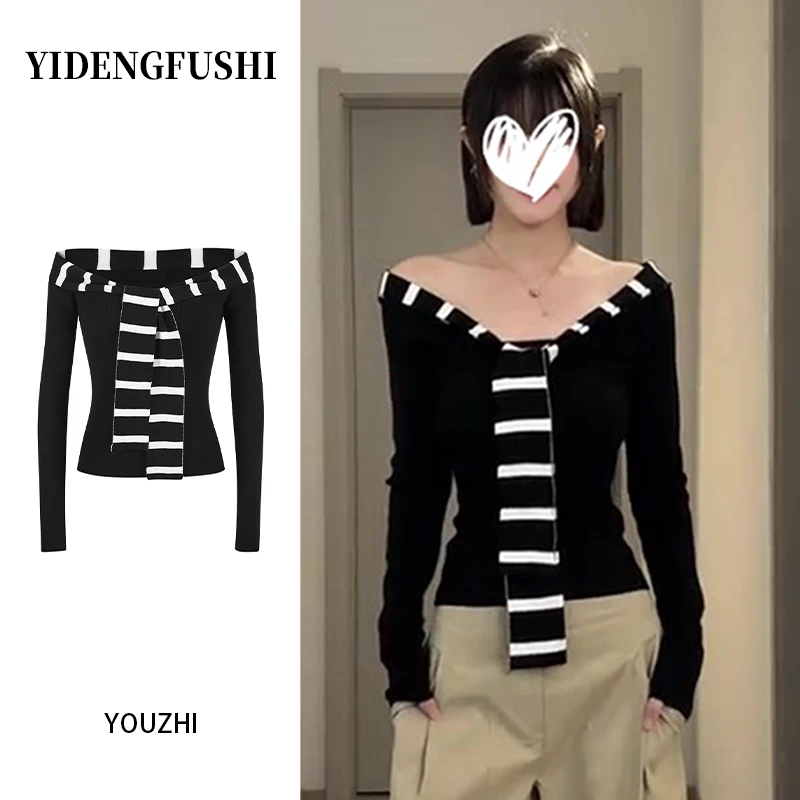 早秋法式一字肩条纹绑带设计感长袖T恤修身气质纯欲露肩女上衣潮