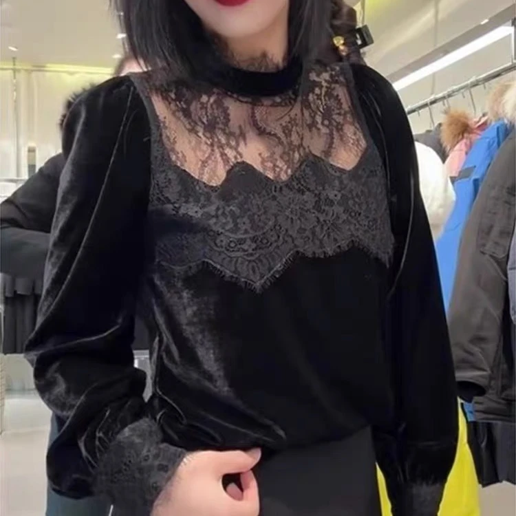 2024冬季新款小众立领蕾丝花边拼接小衫