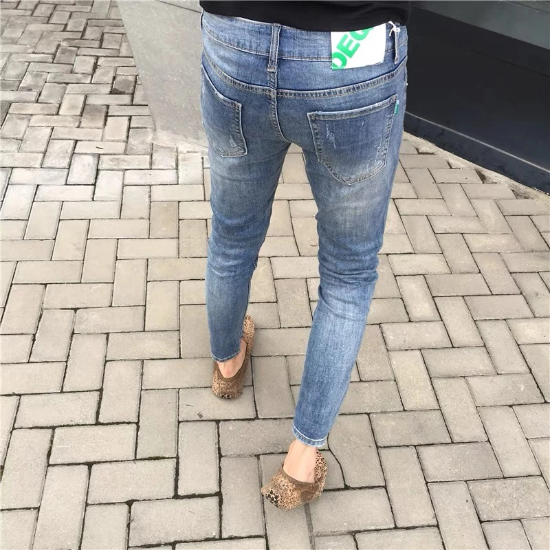 2025夏季薄款蓝色九分牛仔裤男潮流时尚百搭韩版修身小脚弹力长裤