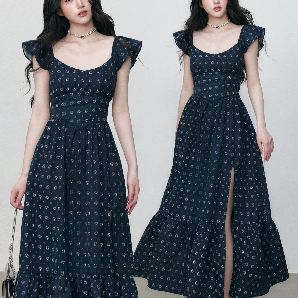 誉芝yuzhi 高级感藏青色印花连衣裙夏季收腰显瘦气质小飞袖长裙