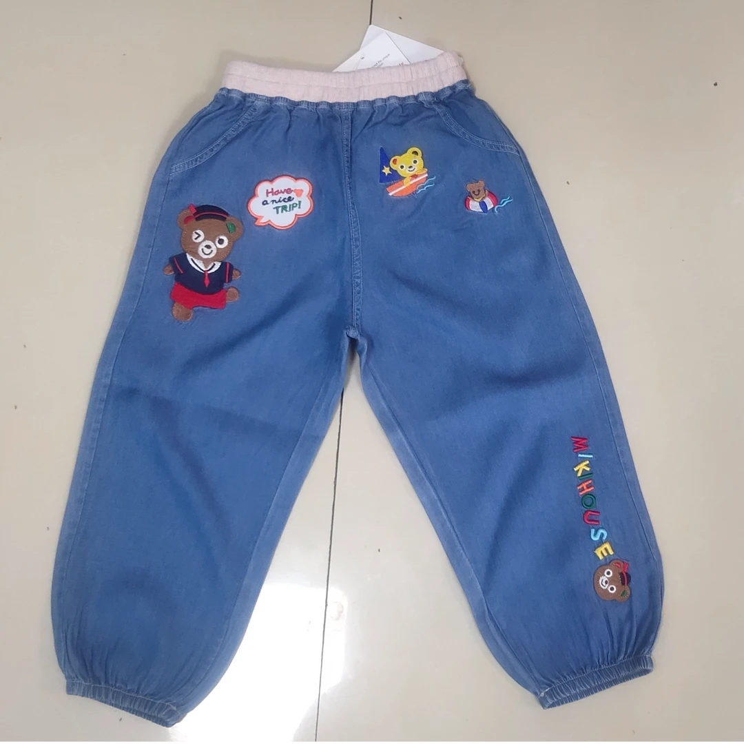 日系儿童新款夏季天丝牛仔刺绣小熊防蚊裤小童牛仔裤宝宝