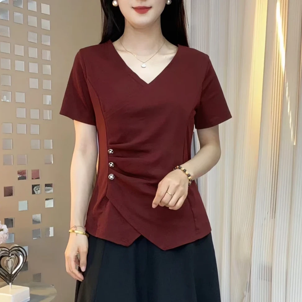 夏季新款时尚洋气V领短袖T恤年轻妈妈遮肚显瘦不规则韩版小衫上衣