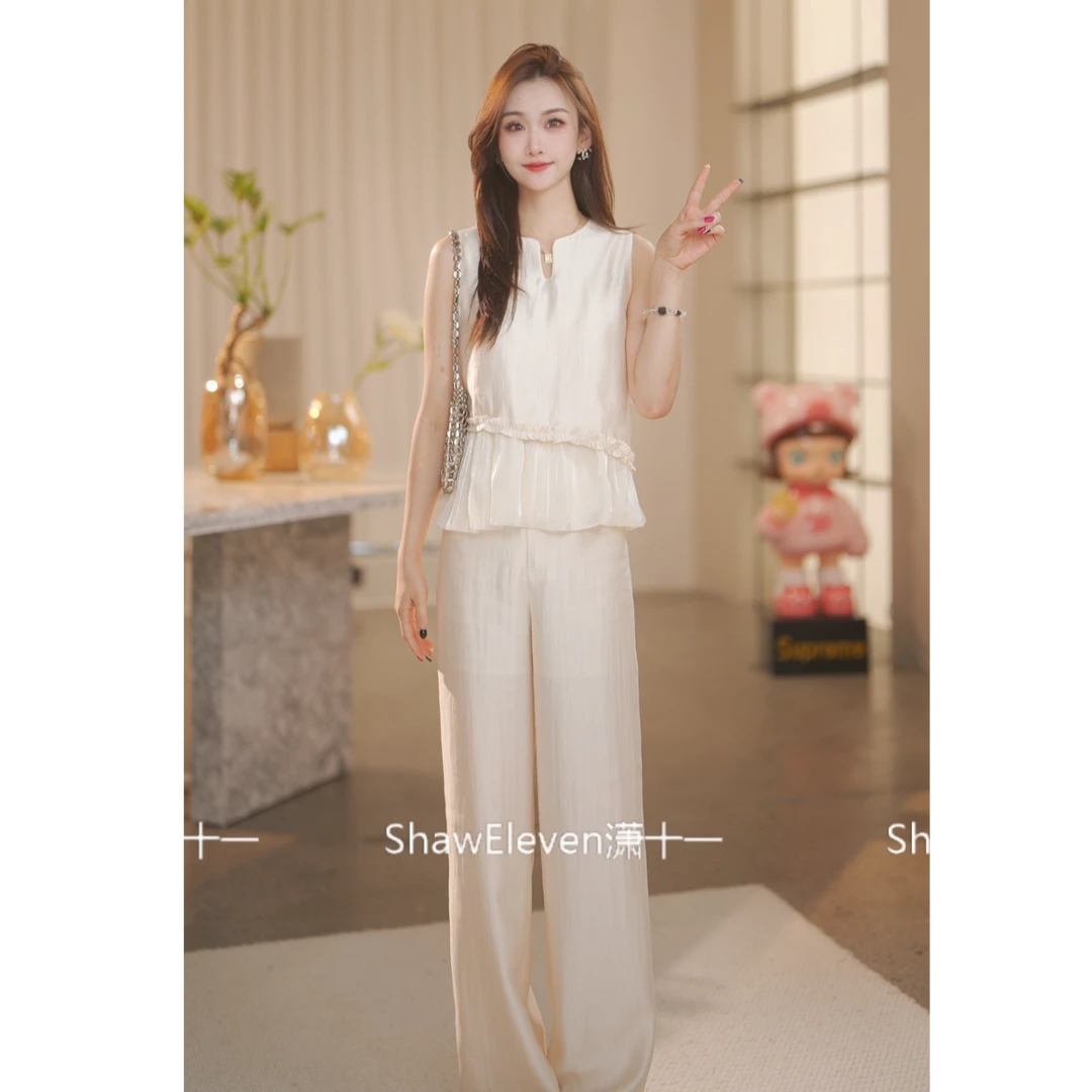 【ShawEleven】2025年夏法式珠光感圆领珍珠上衣裤子套装881009