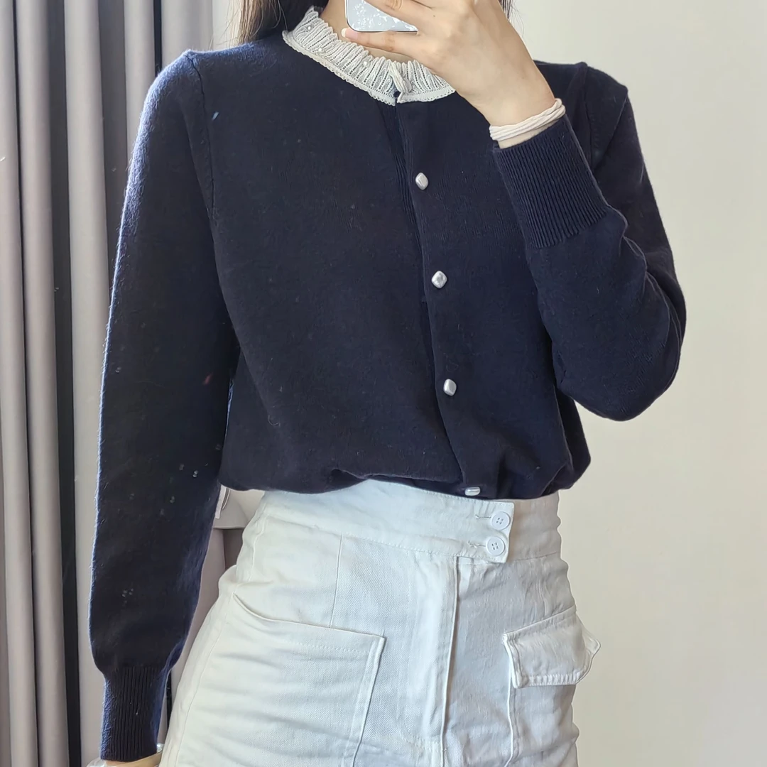 上衣开衫毛衣针织短款时尚小香风气质长袖百搭女士蕾丝拼接圆领