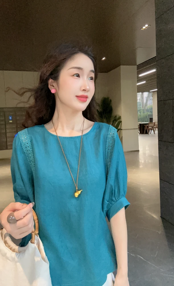 月月自制 舒适透气纯亚麻圆领灯笼袖衬衫女蕾丝花边宽松显瘦