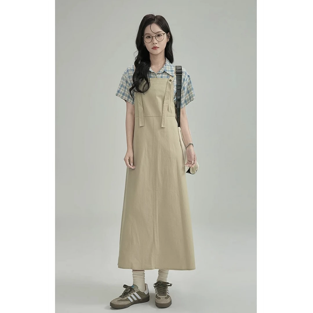 GUIER/桂儿卡其色背带连衣裙女夏宽松显瘦百搭垂感气质长裙27454
