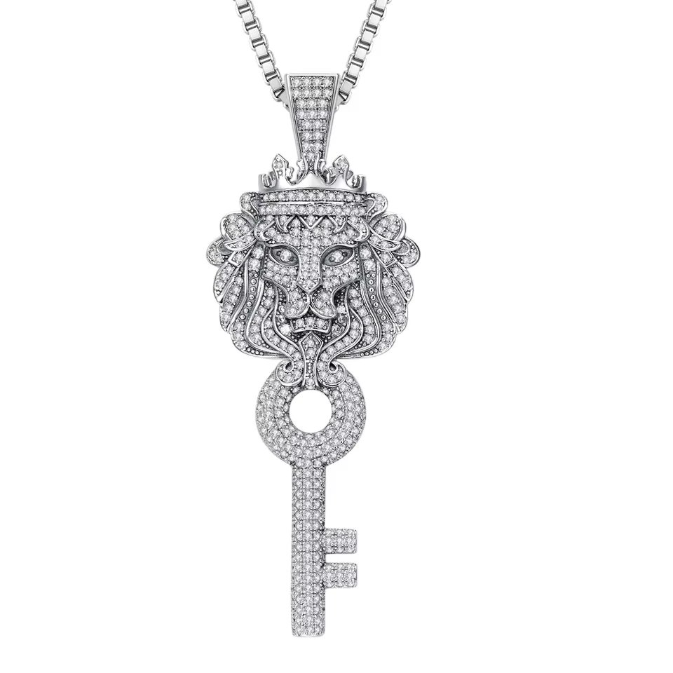铜锆石吊坠 欧美跨境狮子吊坠男士钥匙设计项链满钻镶嵌嘻哈饰品