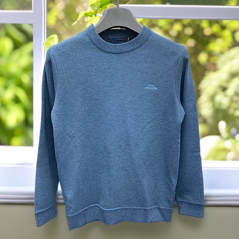 H-秋冬新款男士深蓝刺绣绵羊毛加绒加厚圆领针织衫3075