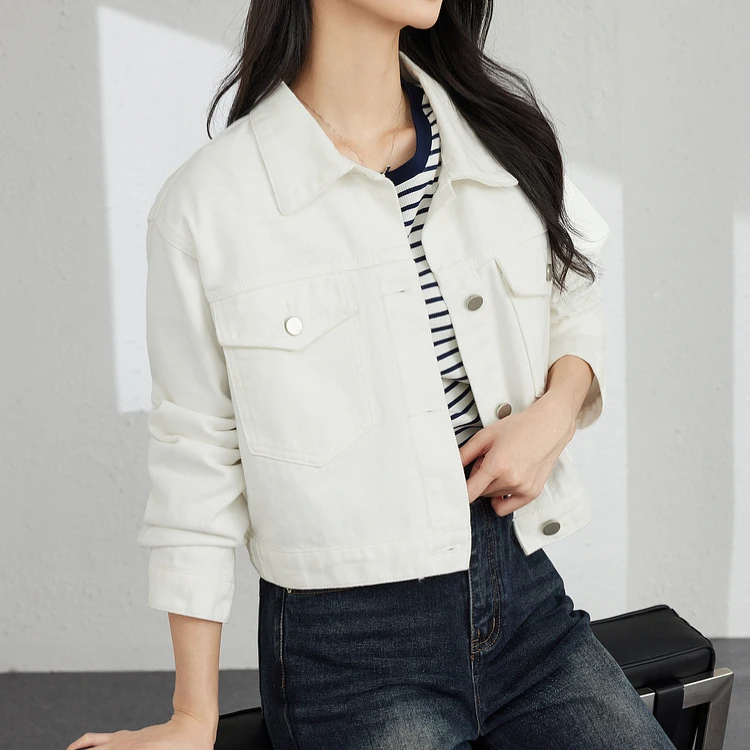 短款春秋牛仔外套女全棉小个子时尚休闲韩版宽松百搭翻领长袖开衫