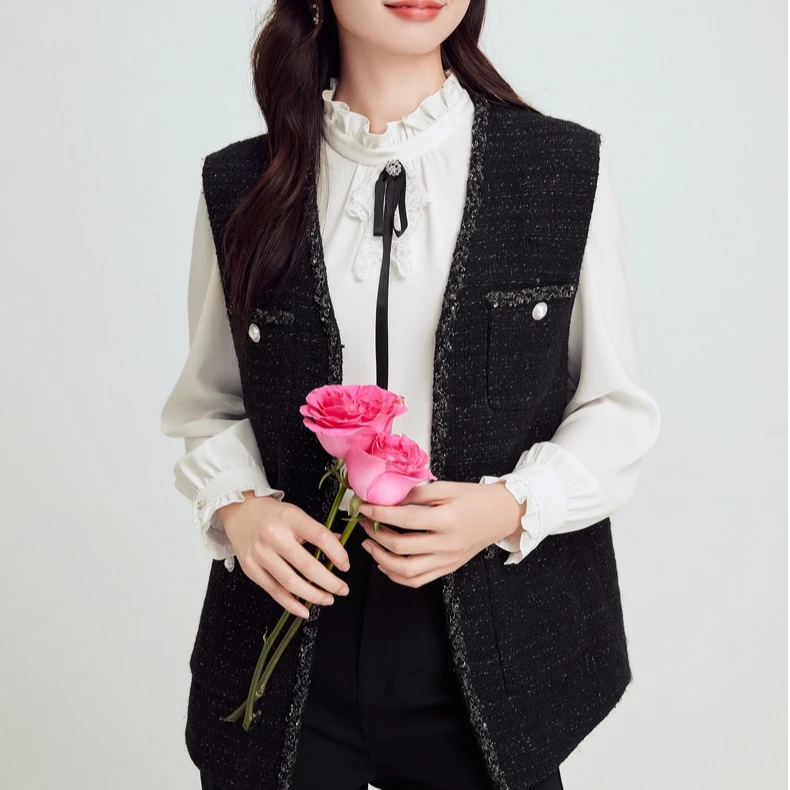 【晨粉专享价】珂莱蒂尔精致百搭花纱羊毛马夹女马甲KH00527W0