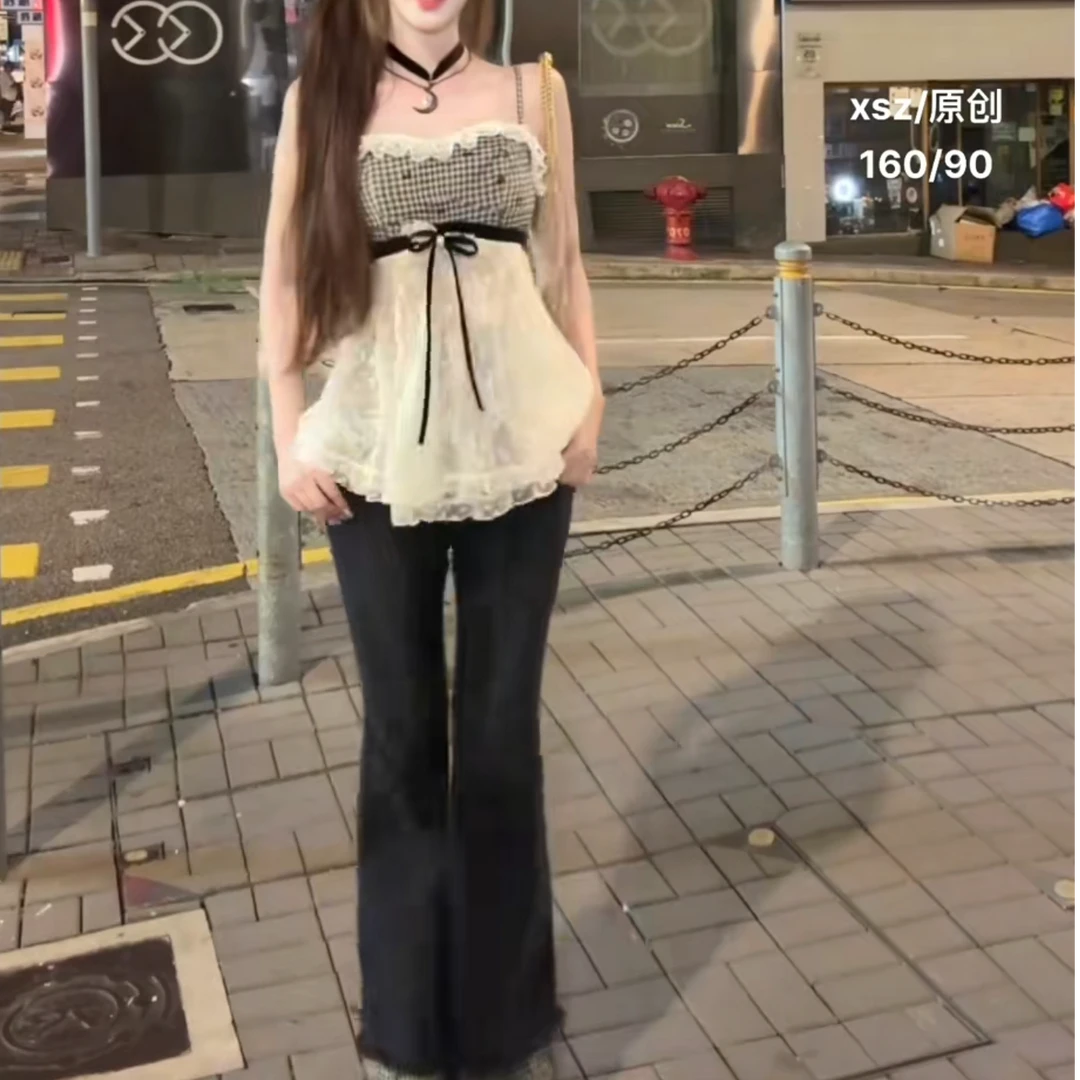 三件套 韩系格纹拼蕾丝吊带上衣+显瘦长裤+百搭外套套装 秋季新款