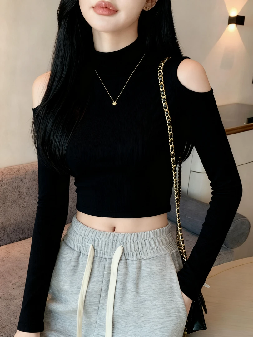 黑色半高领长袖打底衫女内搭春秋冬2025新款时尚露肩修身短款上衣