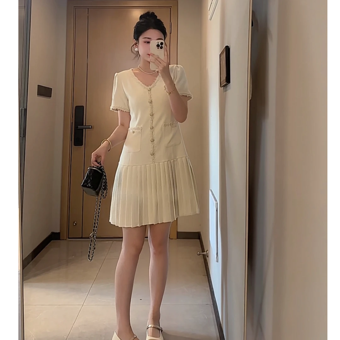 【达人专属】夏季气质小裙子V领短袖口袋百褶裙显瘦小香风短裙8069