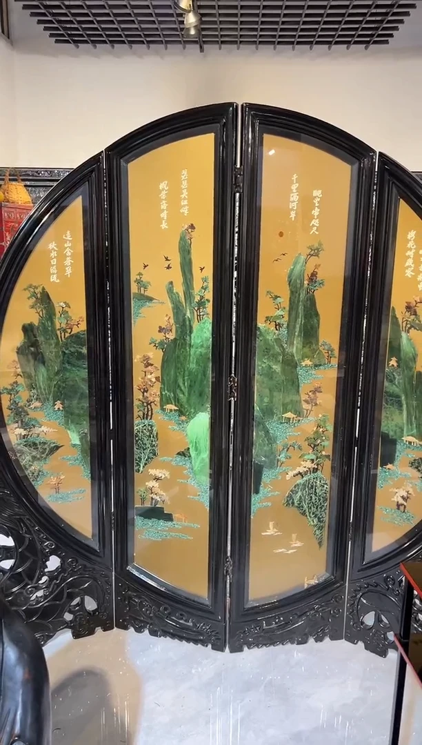 金箔 玉石四扇 圆形屏风