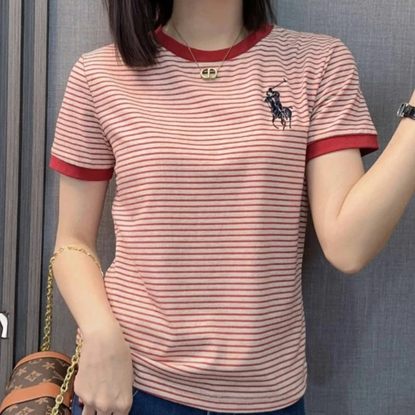 条纹刺绣上衣女2025春夏新款短袖修身显瘦休闲百搭小马T恤