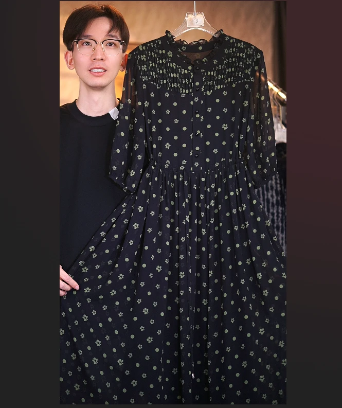 C39绿色圆点碎花XW1宽松连衣裙女装连衣裙显瘦长款