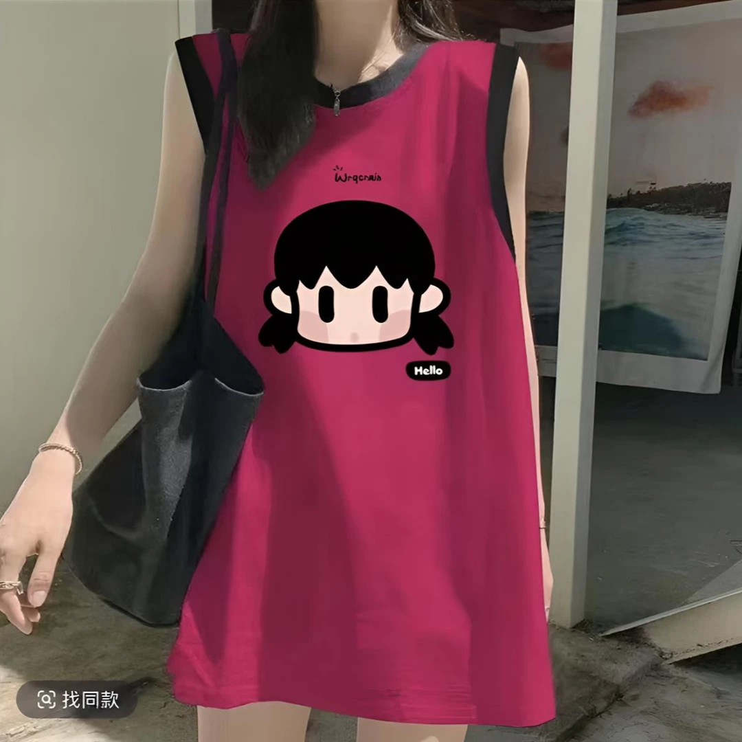 100%纯棉美式慵懒风ins小个子拼接无袖t恤背心上衣女宽松辣妹潮流