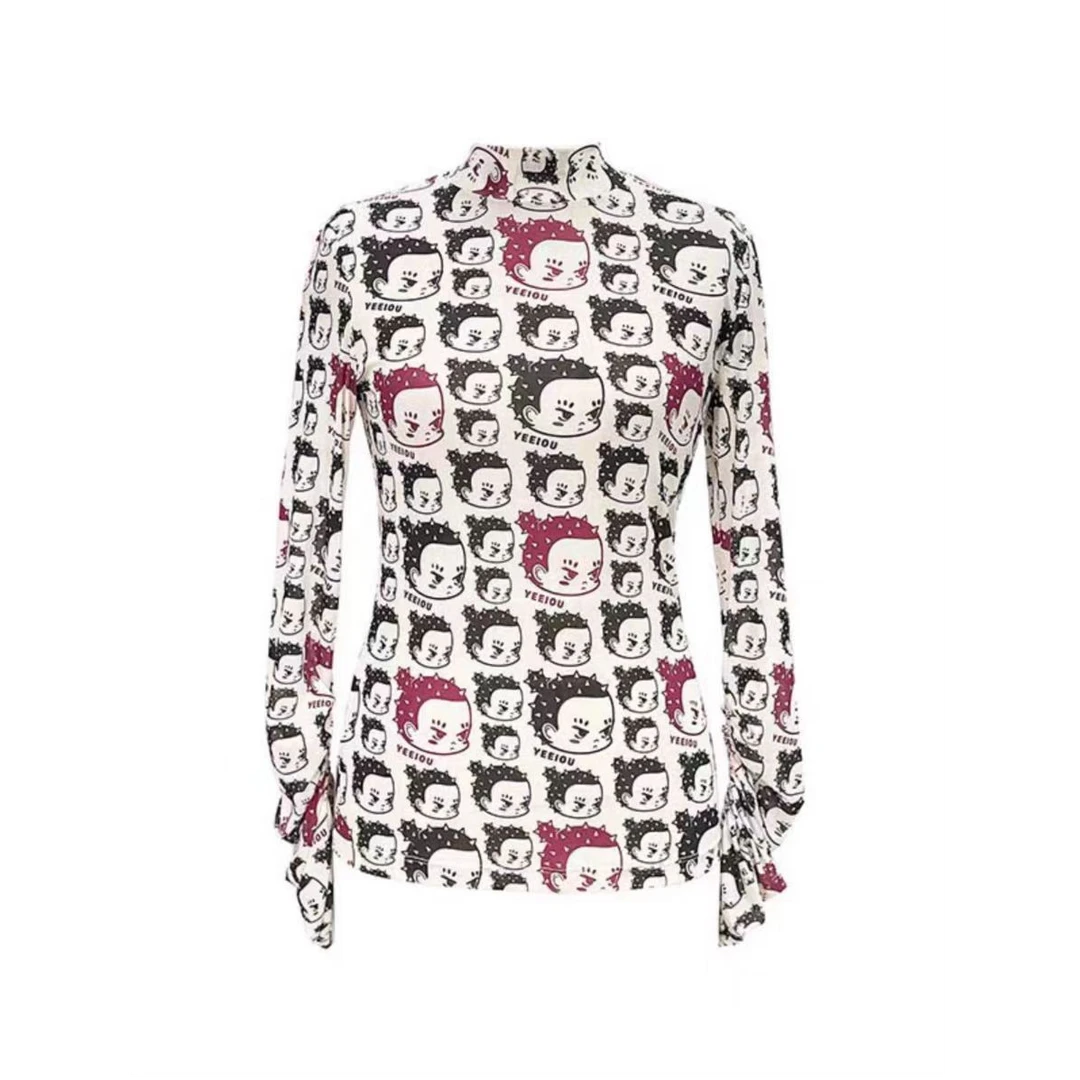 Yeeio异遊 原创印花柔软弹力舒适显瘦打底堆堆袖内搭王长袖上衣