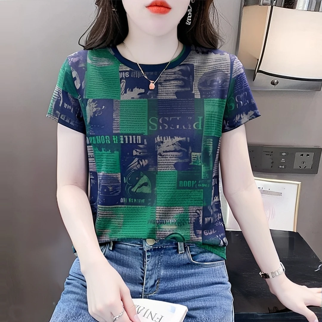 今年新款2025夏季绿色圆领短袖T恤女印花撞色复古别致小众