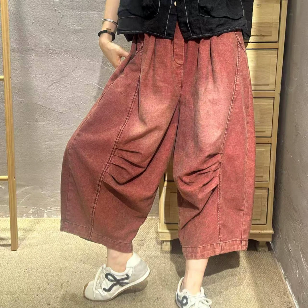 【半奏】宽松做旧休闲阔腿牛仔裤松紧腰褶皱 腰围110臀围130裤长80