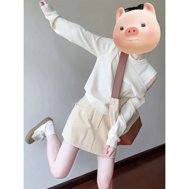 2025不规则镂空针织衫内搭毛衣别致长袖露肩上衣显瘦包臀半身短裙