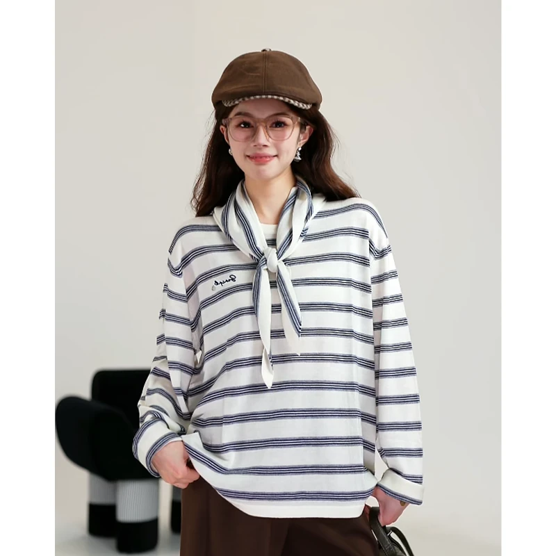 云感贴肤/co&sheng小个子通勤风圆领长袖T恤女款条纹打底老钱风