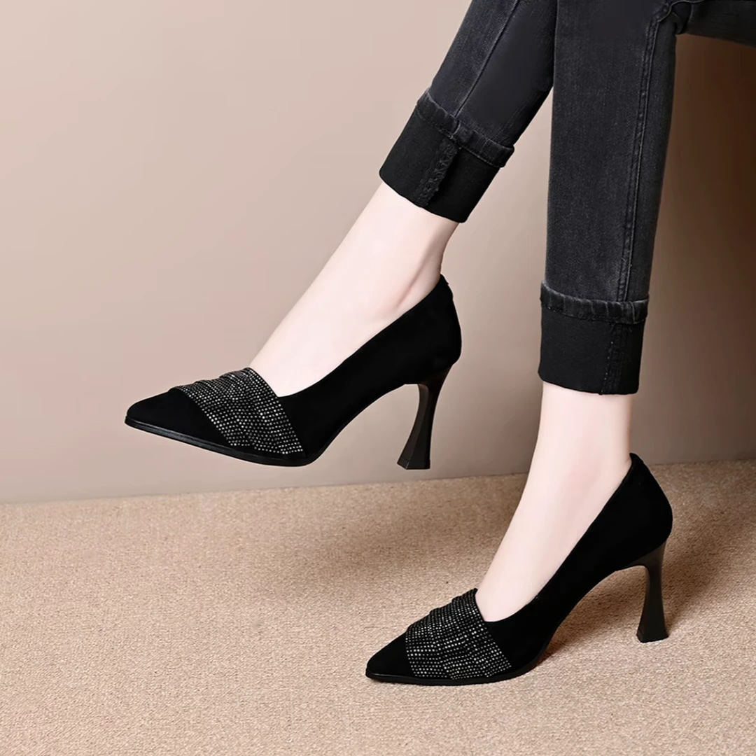 2025舒适百搭水钻浅口单鞋女秋季新款气质尖头一脚蹬细跟高跟鞋K9