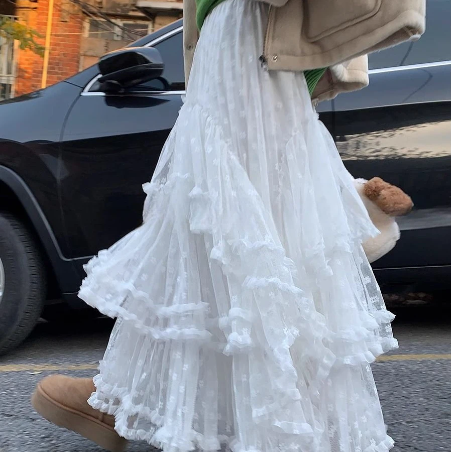 白色重工不规则花边蕾丝半身裙女温柔高腰遮肉显瘦百搭a字蛋糕裙