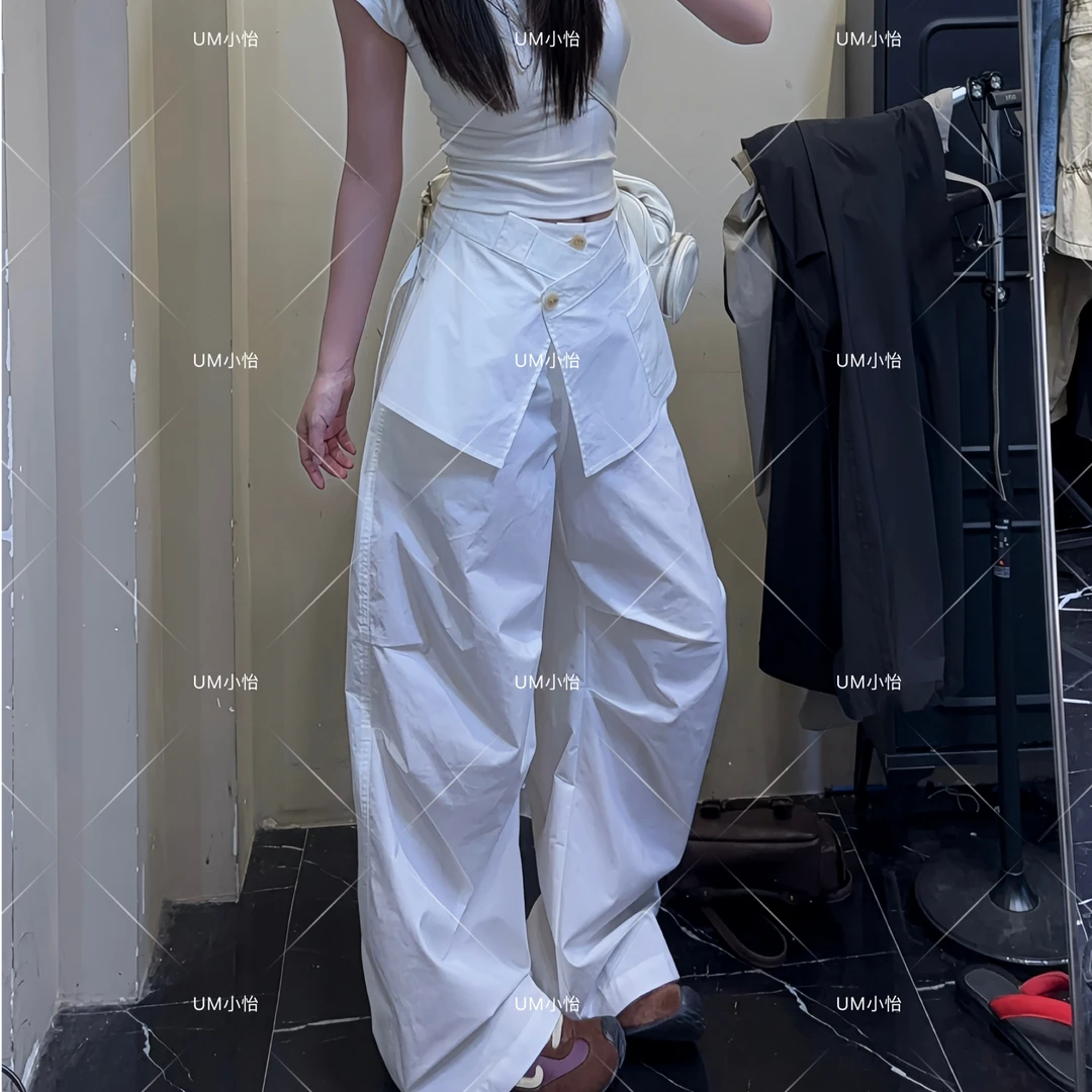 鑫怡定制【夏日叙事】夏季新款女压褶假两件屁帘宽松阔腿休闲拖地裤