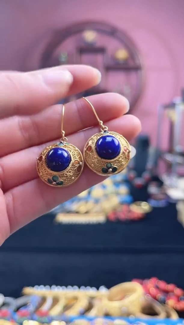 非遗 花丝镶嵌耳饰 青色 镀金