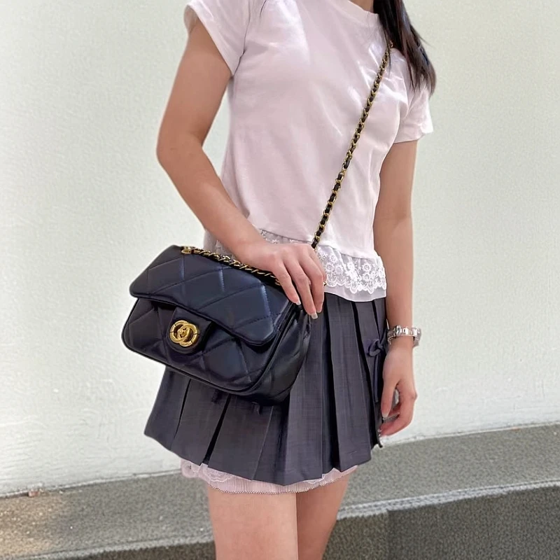 2025新款小香风链条女包轻奢菱格真皮单肩包百搭简约斜挎腋下包