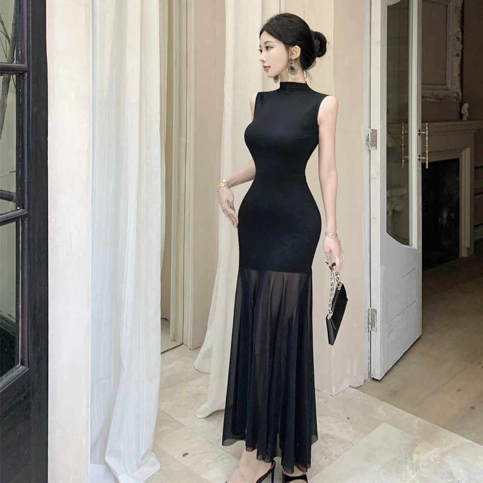 设计感网纱拼接圆领无袖背心裙女纯欲修身收腰包臀长裙黑色连衣裙