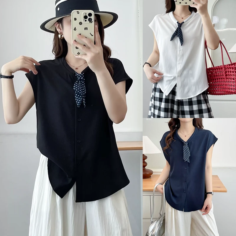 大码女装宽松型夏季薄款常规短袖衬衫时尚设计感洋气纯色衬衣-071