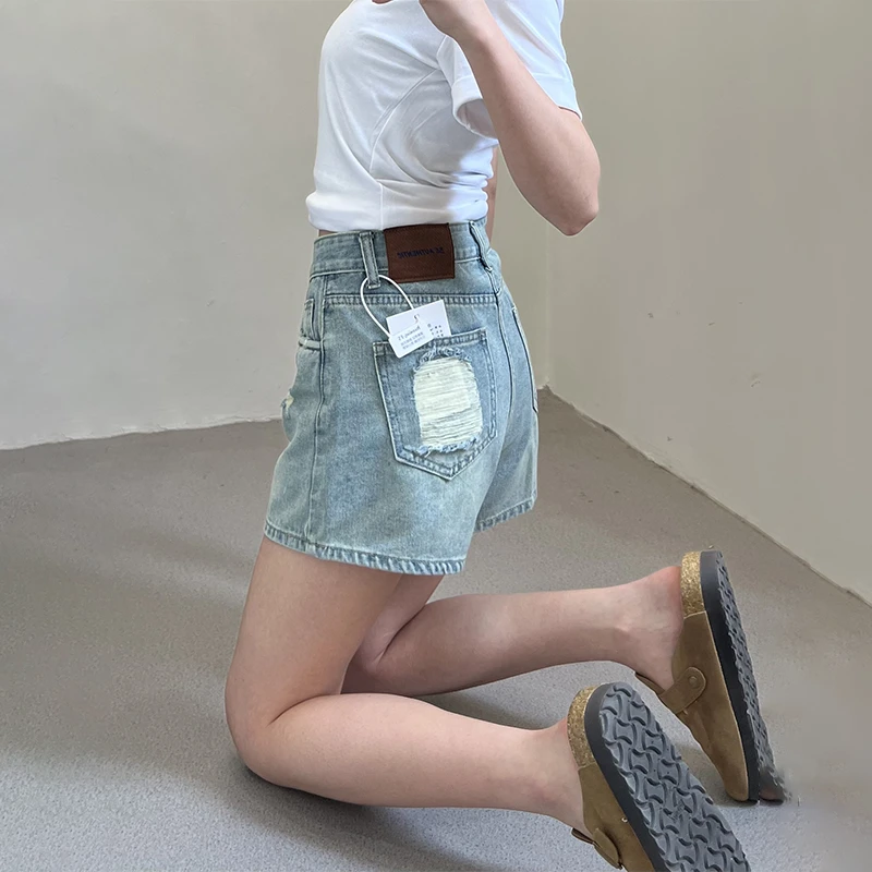 复古破洞a字牛仔短裤女夏季新款微胖大码高腰显瘦小个子三分热裤