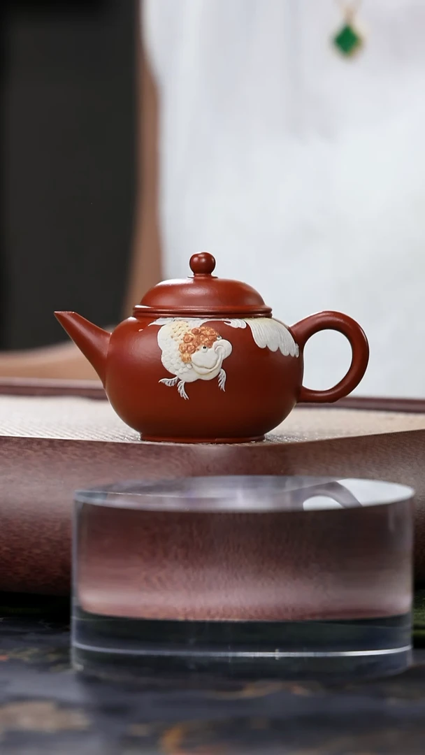 茶壶紫砂ww 精品紫砂壶 朱泥 泥绘 水平 90cc