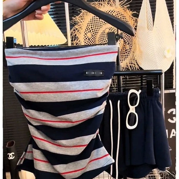 【DMXJ大梦想家】简约时尚撞色条纹抹胸女夏日新品百搭外穿舒适套装