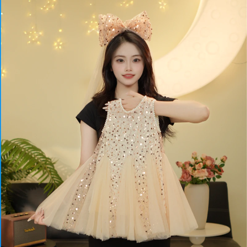 女童夏装连衣裙2025新款洋气夏季小女孩纱裙儿童亮片公主裙高能感
