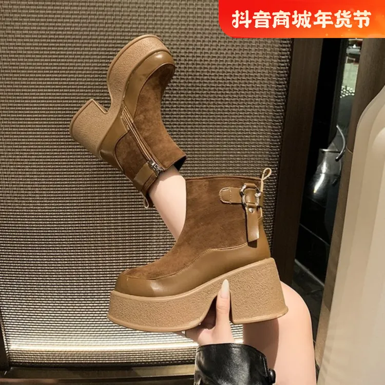 2024新款秋冬防水台圆头短筒靴女粗跟厚底小个子增高短靴