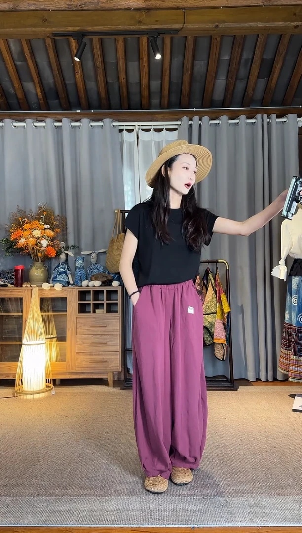 设计师款紫色亚麻束口裤