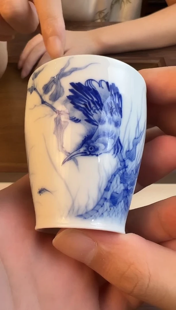 问青坊纯手工手绘青花花鸟杯
