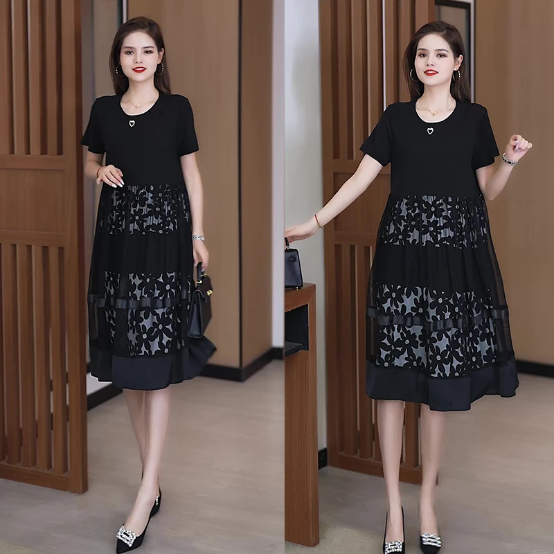 新款春夏季圆领短袖女时尚渐变丁达尔风宽松显瘦印花拼接连衣裙