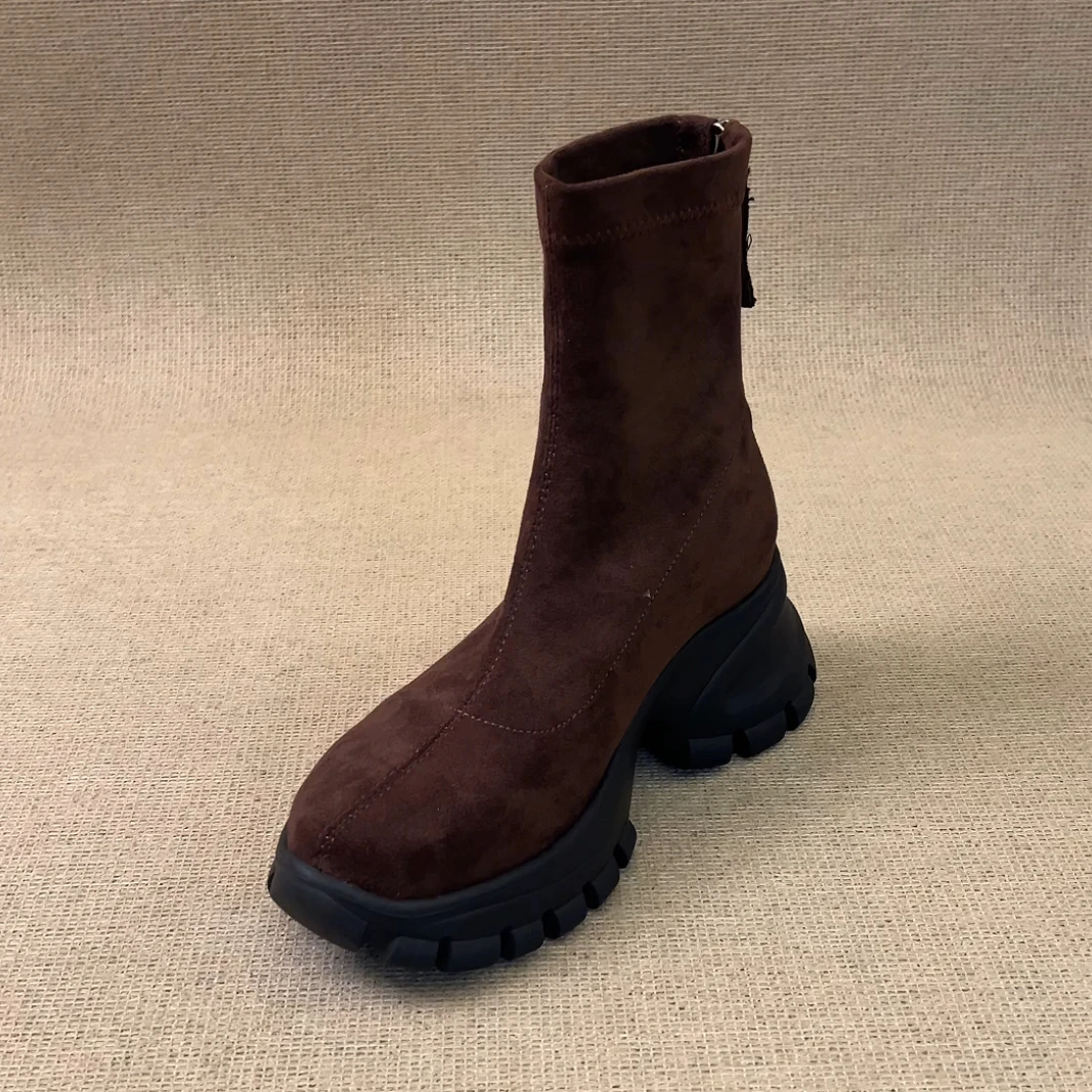 RubyL/7cm小个子极简风休闲通勤后拉链圆头厚底弹力瘦瘦靴女款