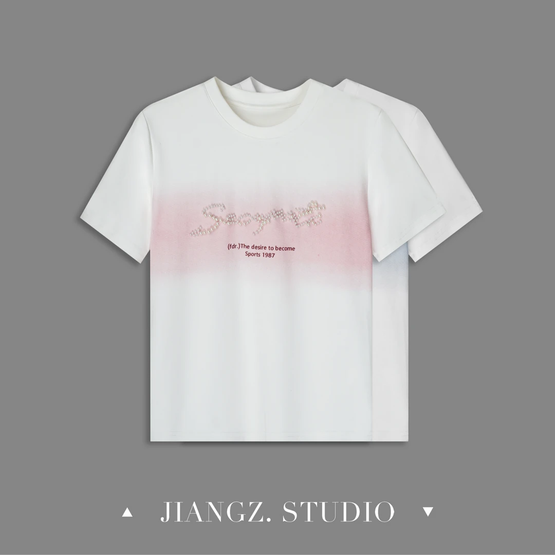 panii【恋可】春夏新款休闲潮流时尚百搭渐变印花针织短袖个性T恤